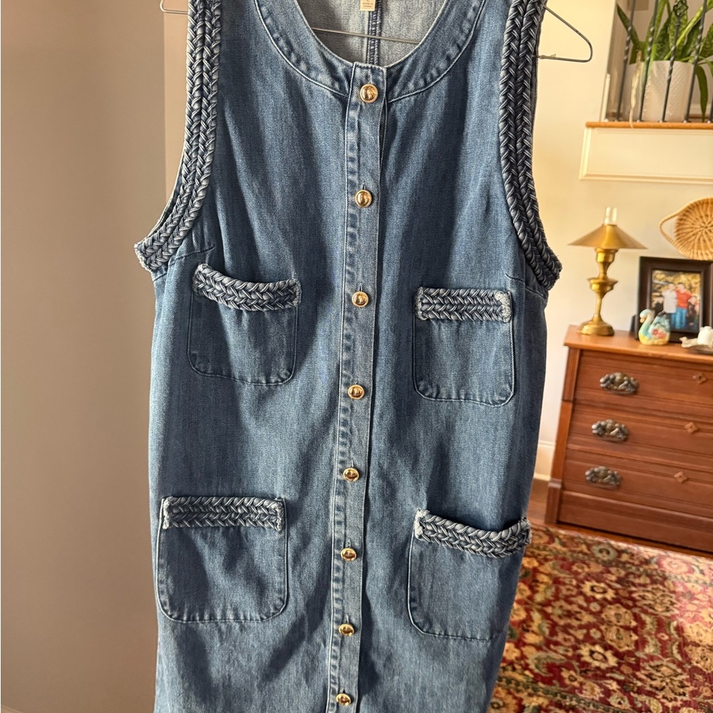 Blue Denim Sleeveless Dress with Button Front